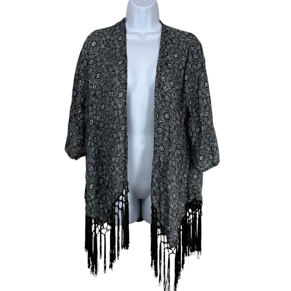Hollister Top Womens Small Kimono Dark Floral Romantic Fringe Fairy Bohemian